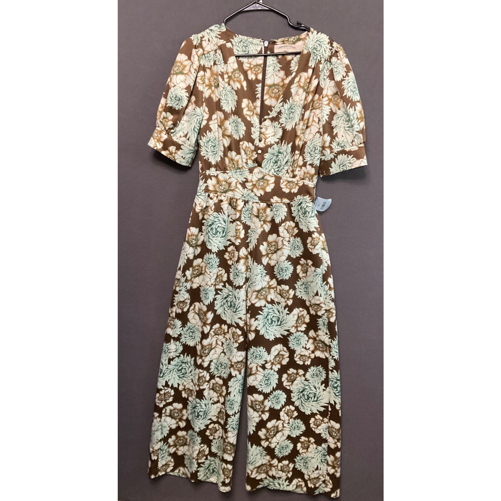 NWT Happy x Nature Wide Leg Floral Jumpsuit Size 4 Green Brown‎ Retro Chic